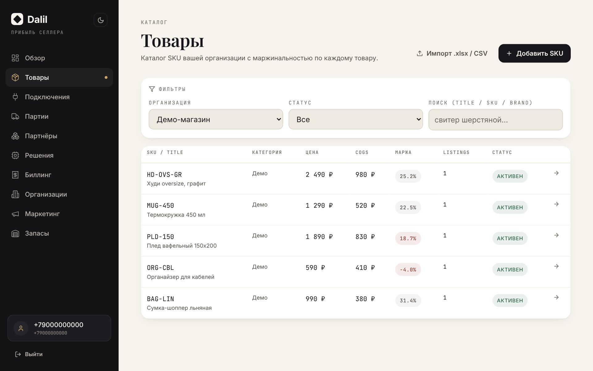 Каталог: цена, себестоимость, маржа по товару